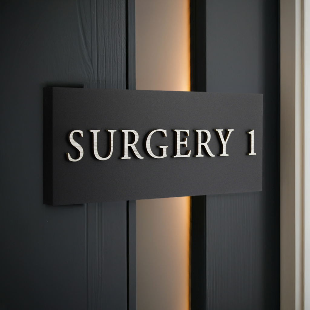 Timeless black house sign with wood-effect raised lettering, perfect for displaying office names, departments, or room numbers.