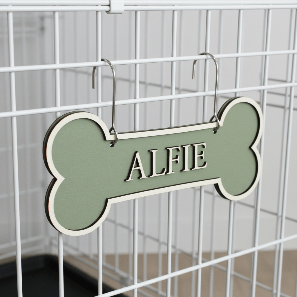 Personalised Dog Bone Crate Sign with Hooks – Handcrafted Pet Name Sign - Mac and Lilly