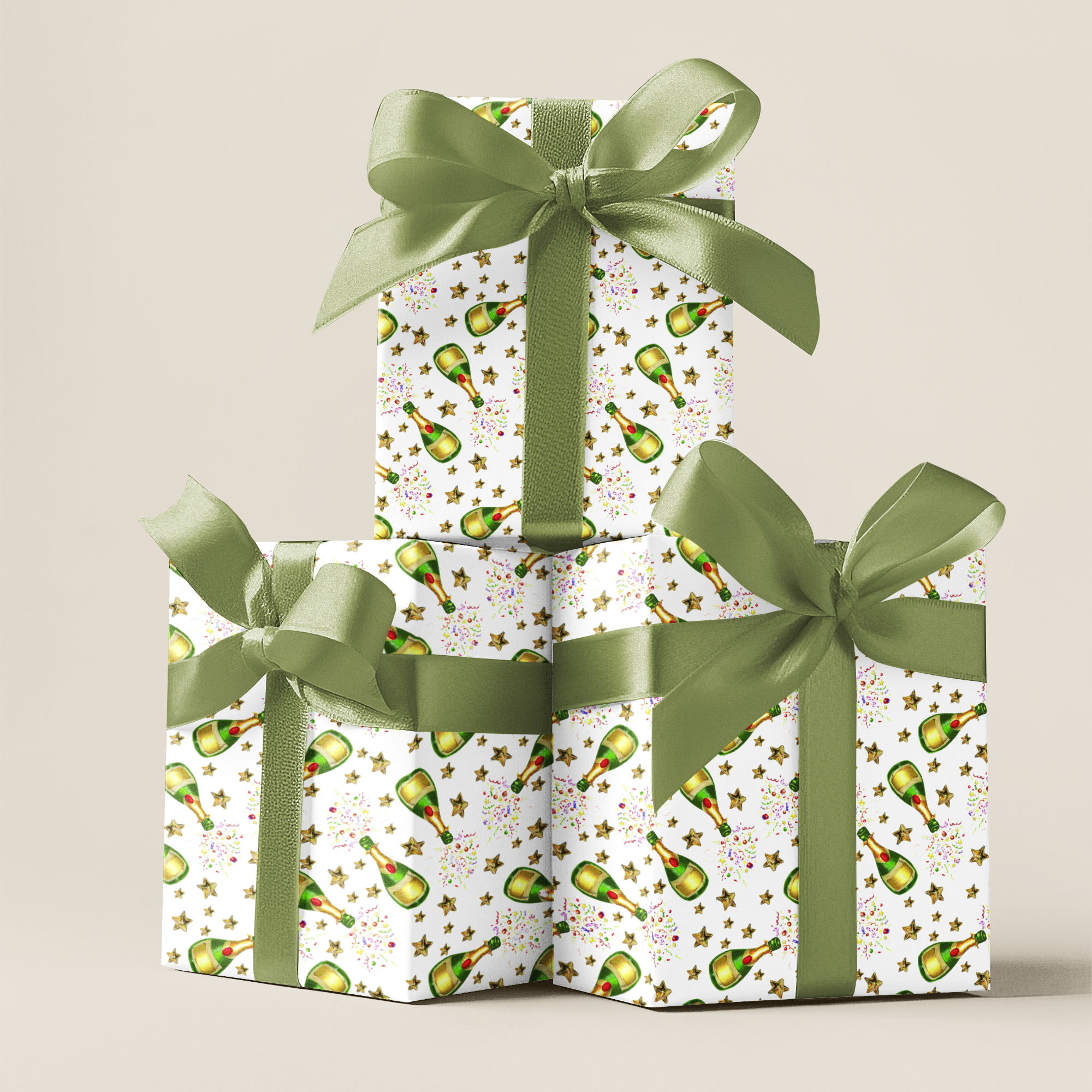 Three gift boxes with champagne bottle pattern and green ribbons stacked on a beige background