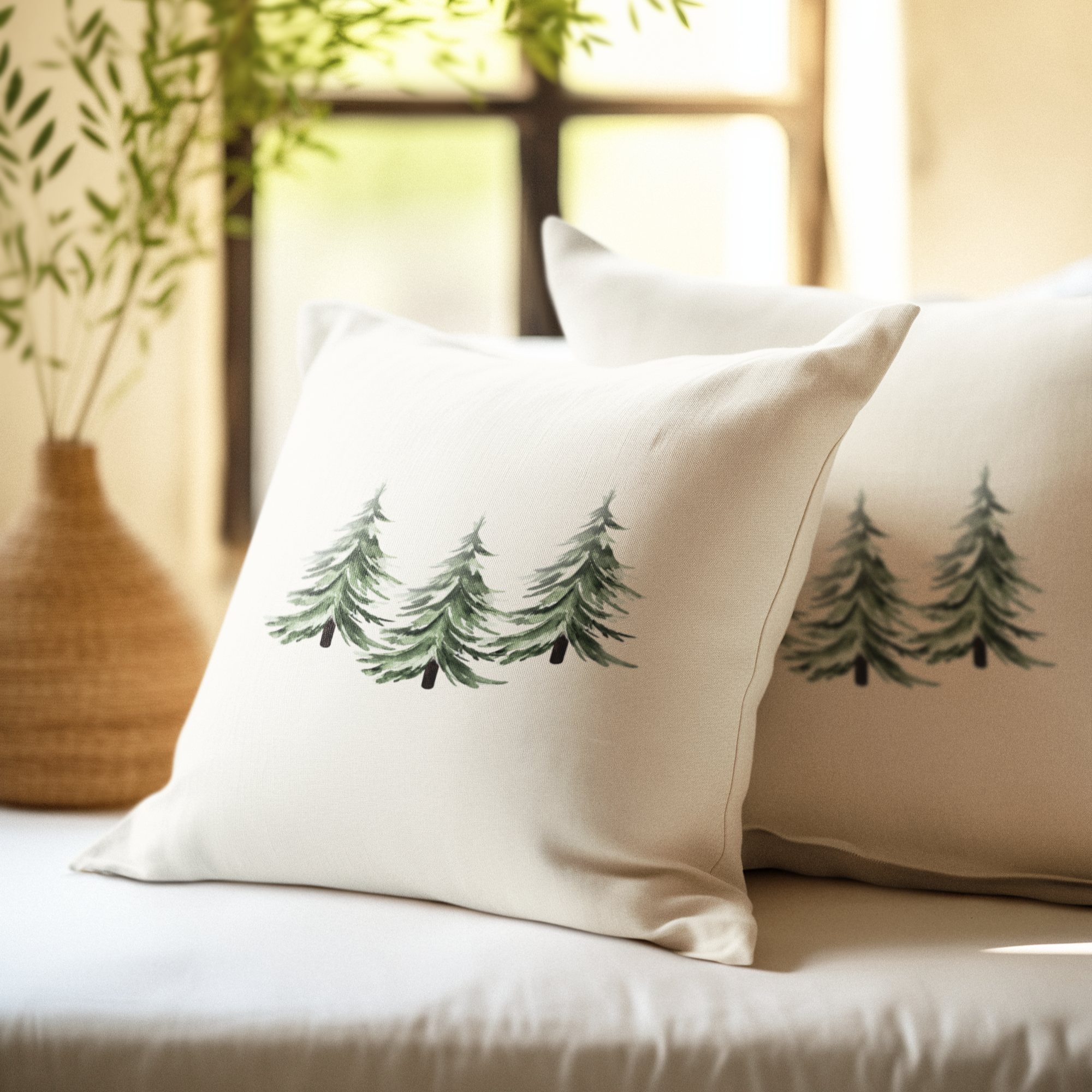 Two pillows with tree patterns on a couch near a window with plants.