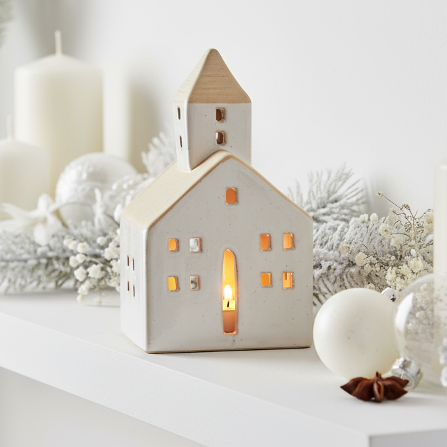 ceramic church tea light holder in white and  beige 