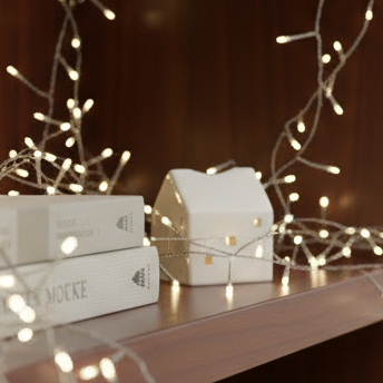 Decorative string lights on a shelf in a modern interior setting tea light holder