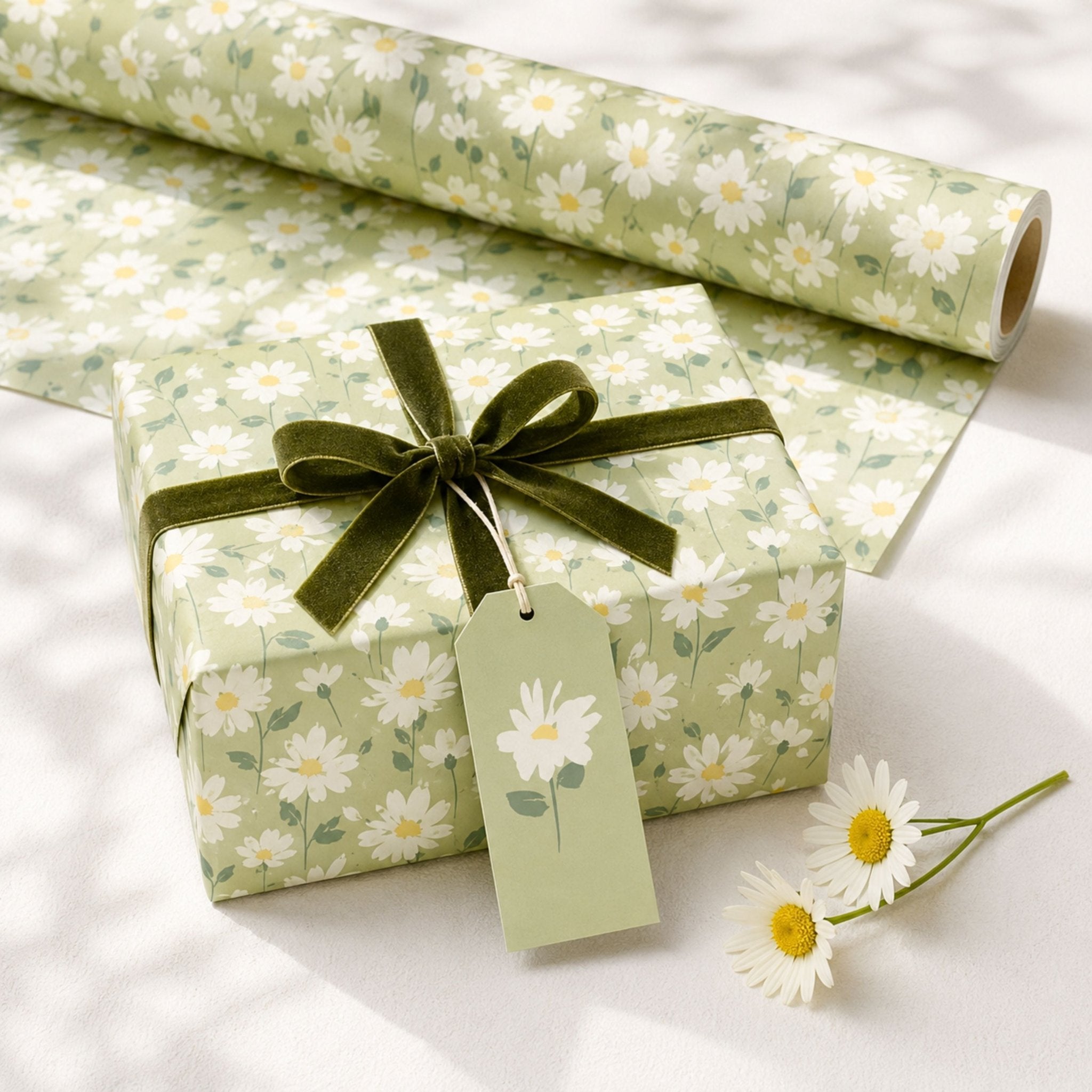 Daisy Meadow wrapping paper with green floral design and matching gift tags