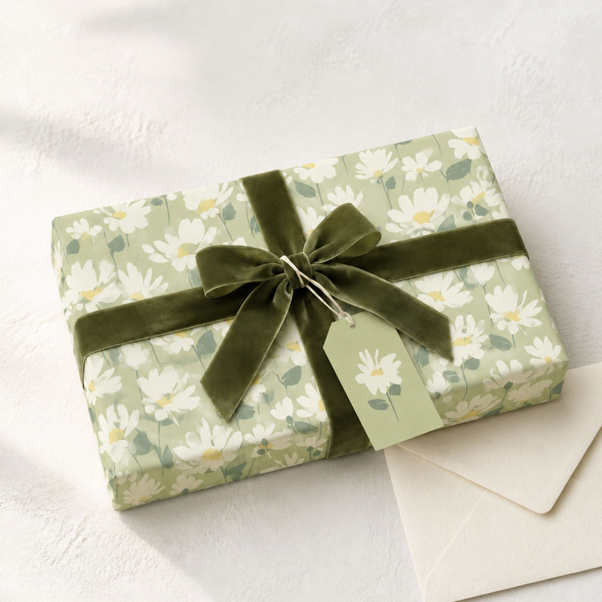 Gift wrapped in Daisy Meadow wrapping paper with green velvet ribbon