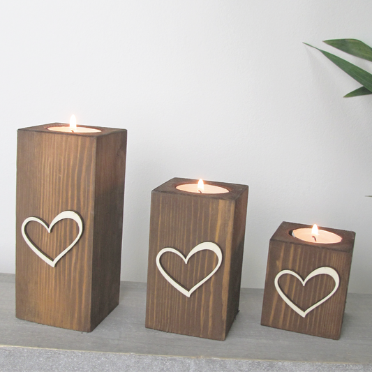 Handcrafted Wooden Tea Light Holders - Raised Love Heart Design