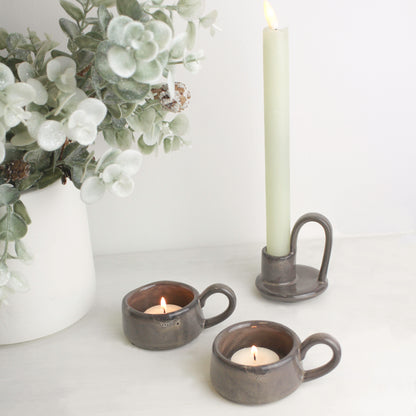 Ceramic Glazed Tea Light Holder with a Handle