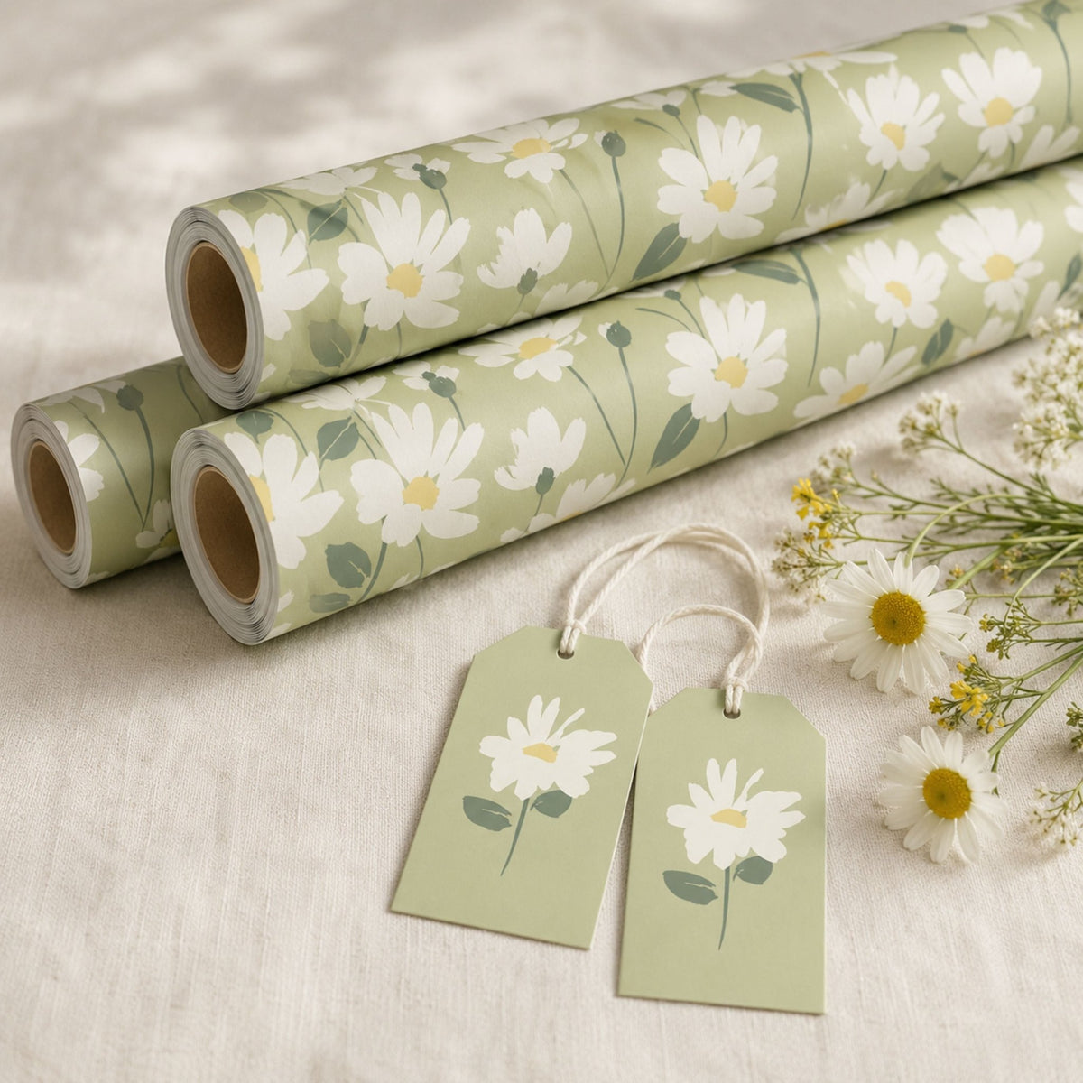 Rolls of green daisy wrapping paper with delicate white flowers