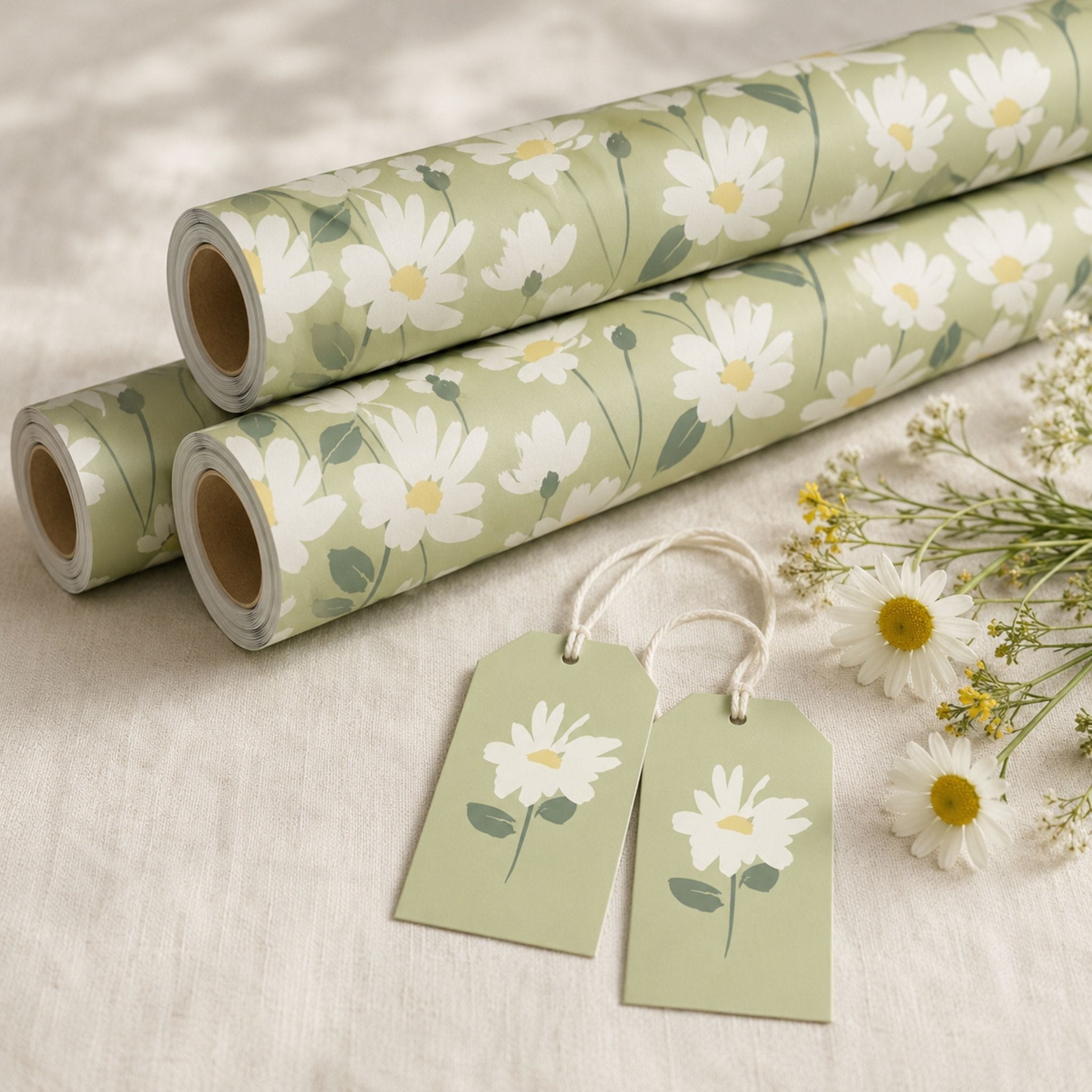 Rolls of green daisy wrapping paper with delicate white flowers
