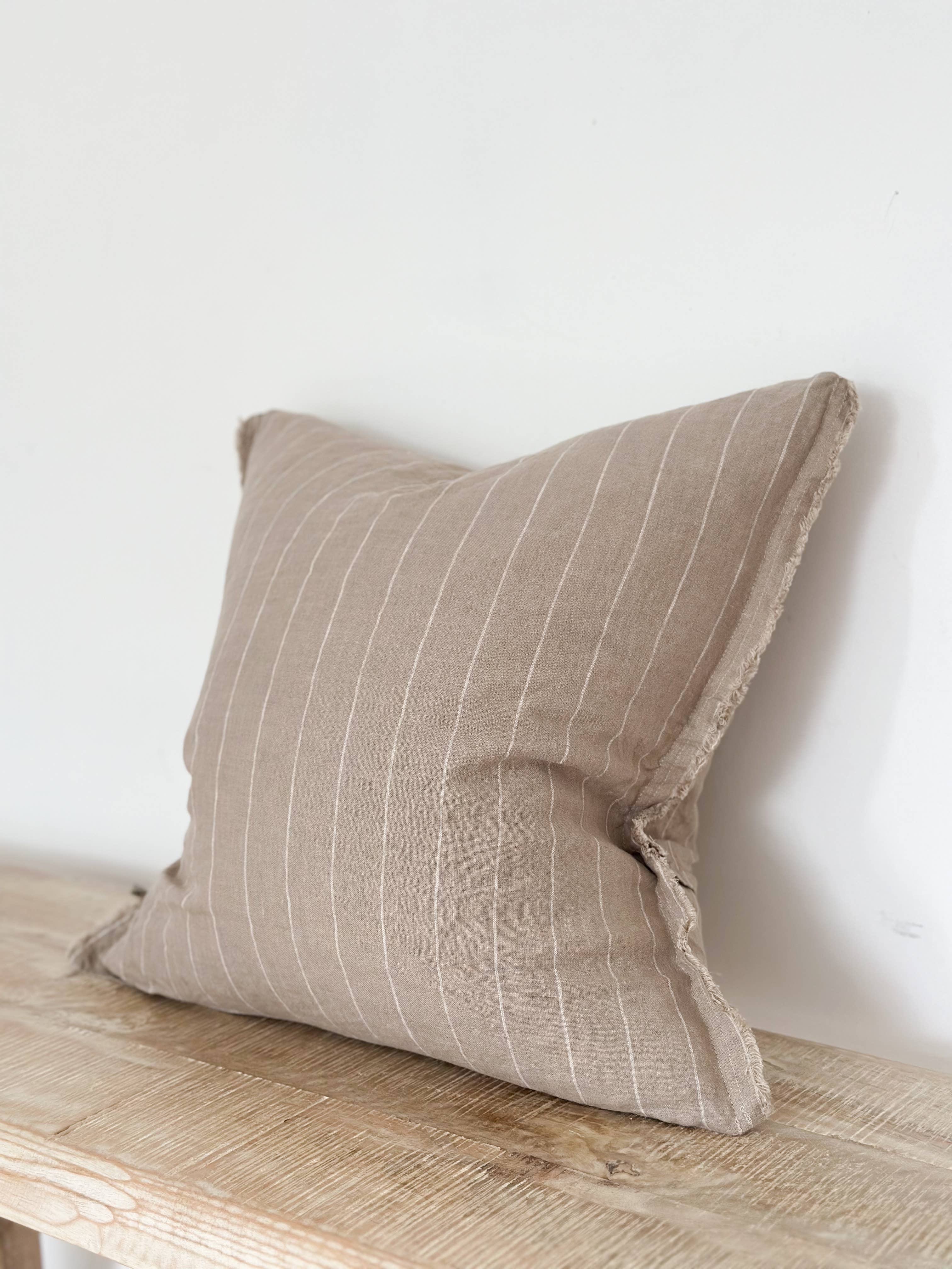 Mushroom & Cream Stripe Linen Cushion with Frayed Edges