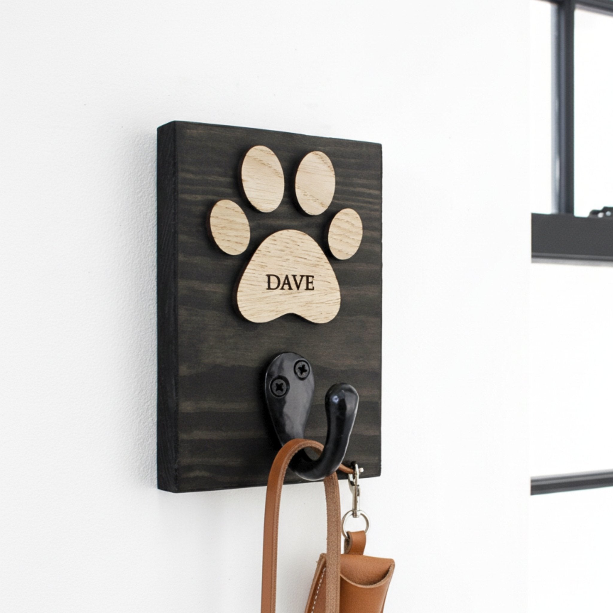 Personalised Dog Lead Hook | White or Black with Veneer Paw - Mac and Lilly