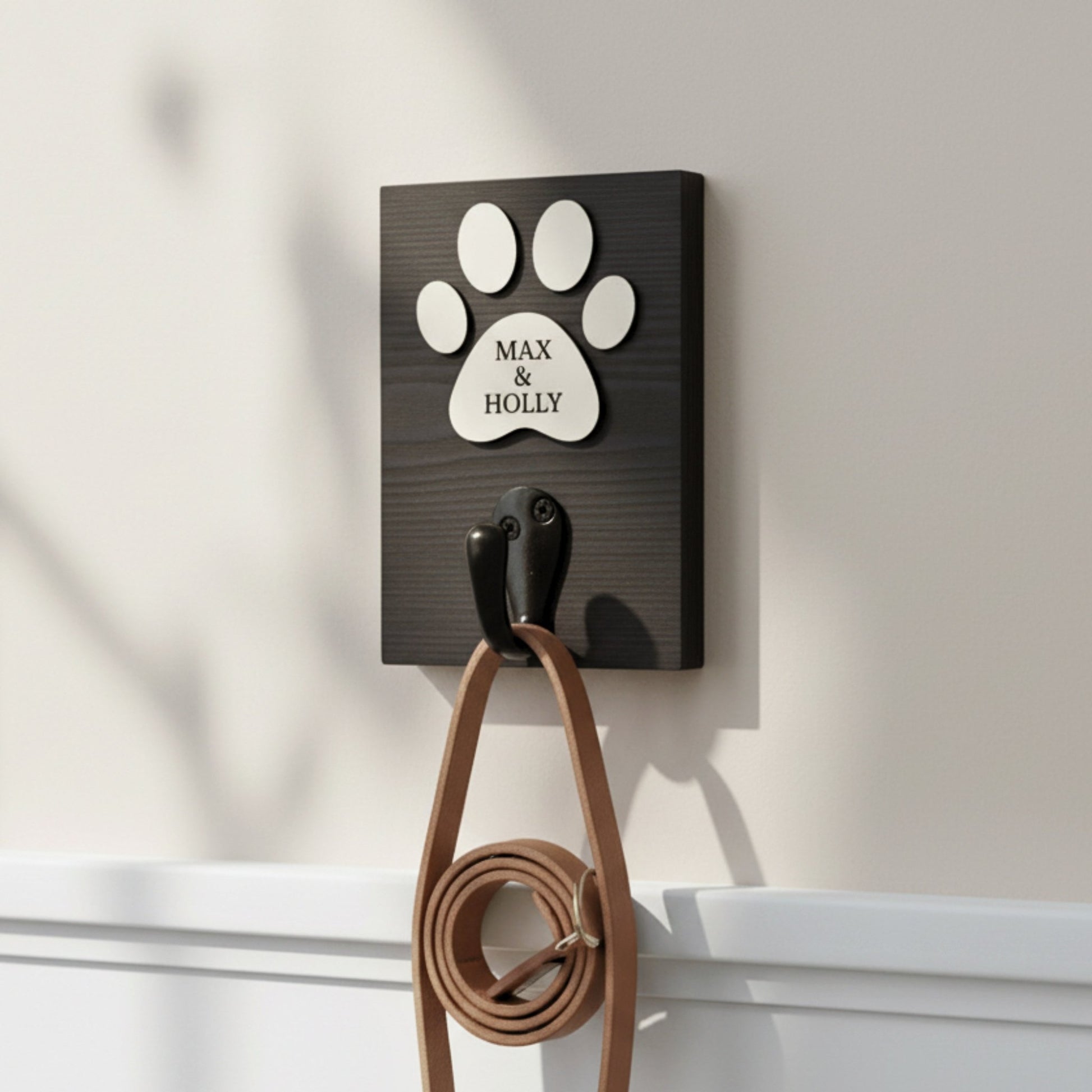 Personalised Dog Lead Hook | White or Black with Veneer Paw - Mac and Lilly