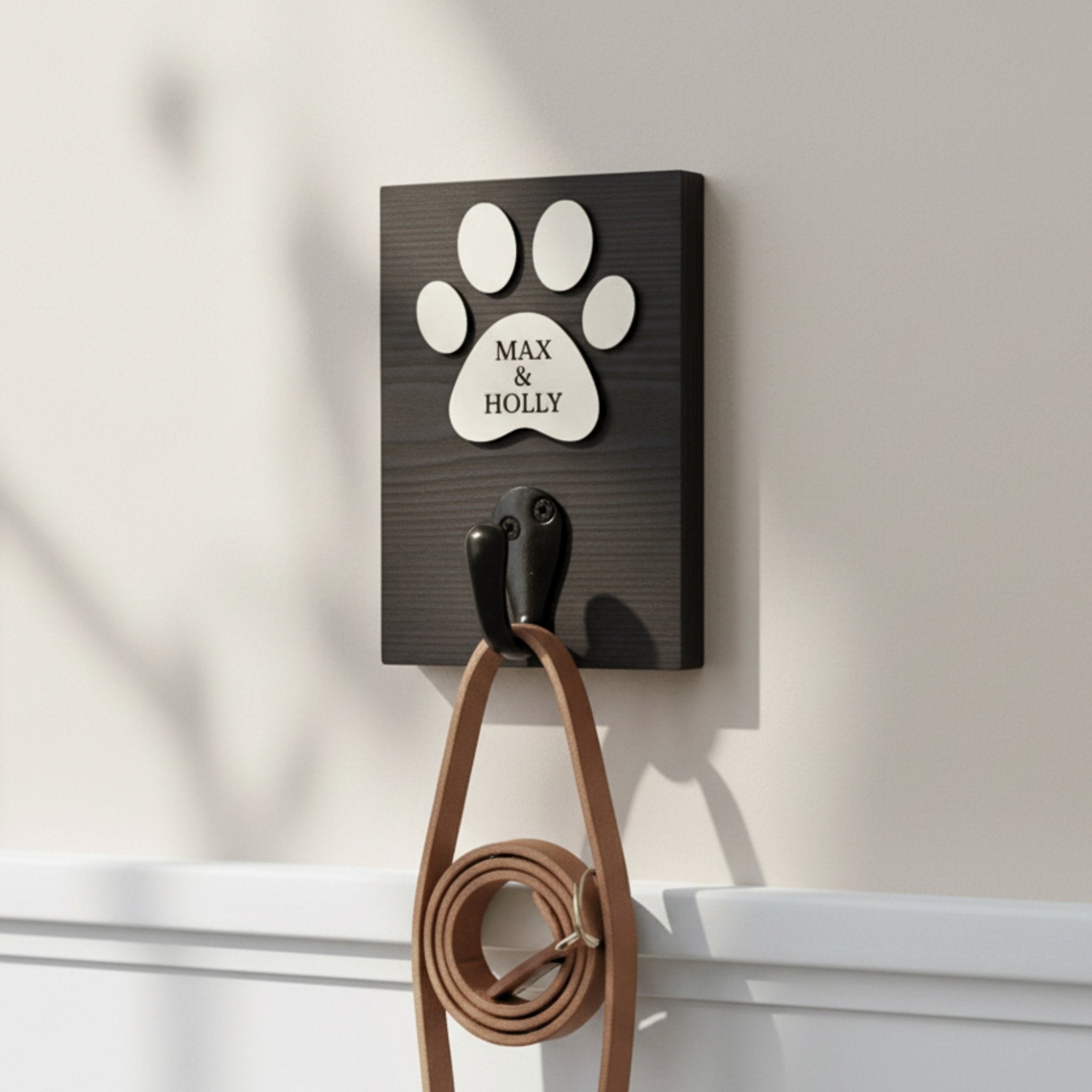 Personalised Dog Lead Hook | White or Black with Veneer Paw - Mac and Lilly