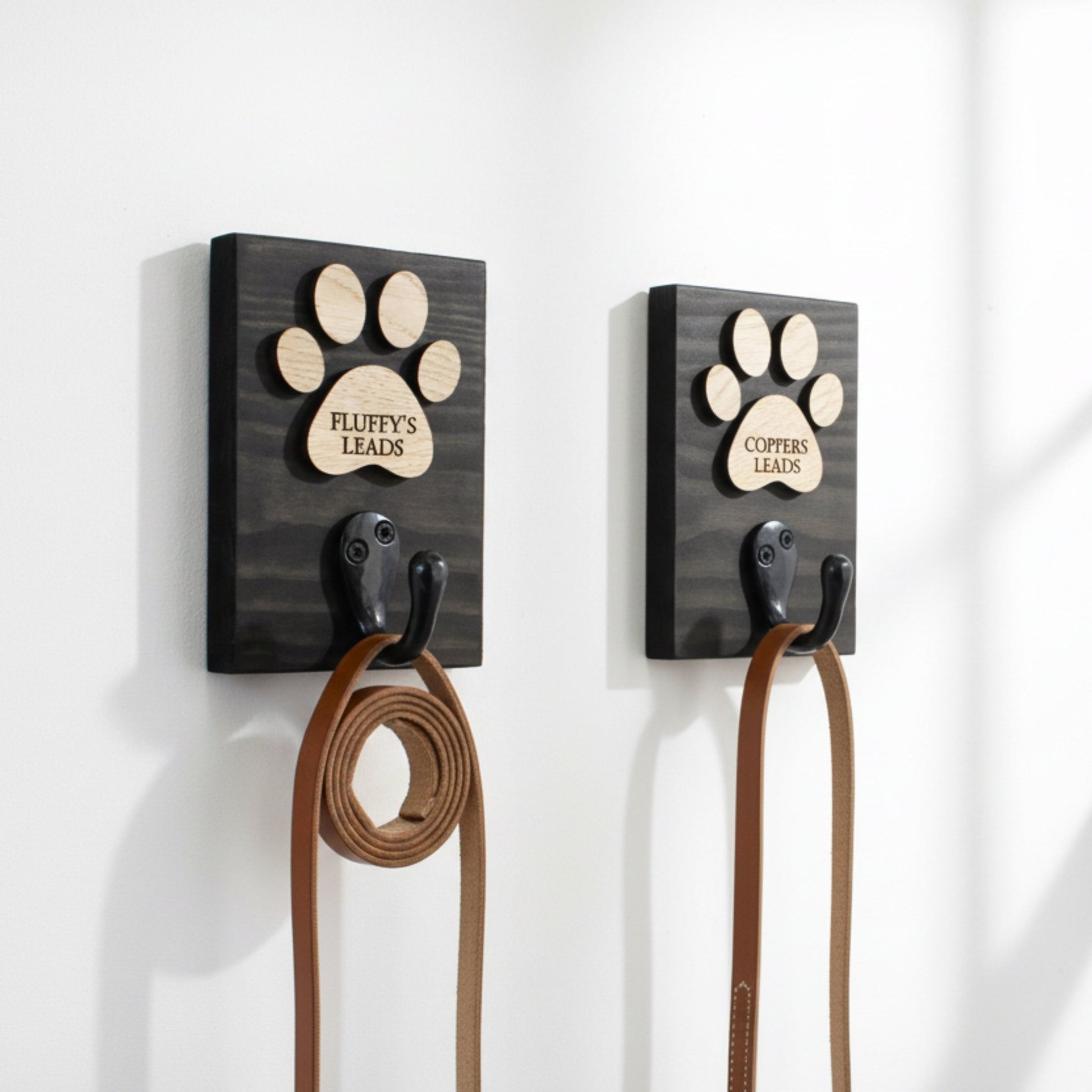 Personalised Dog Lead Hook | White or Black with Veneer Paw - Mac and Lilly