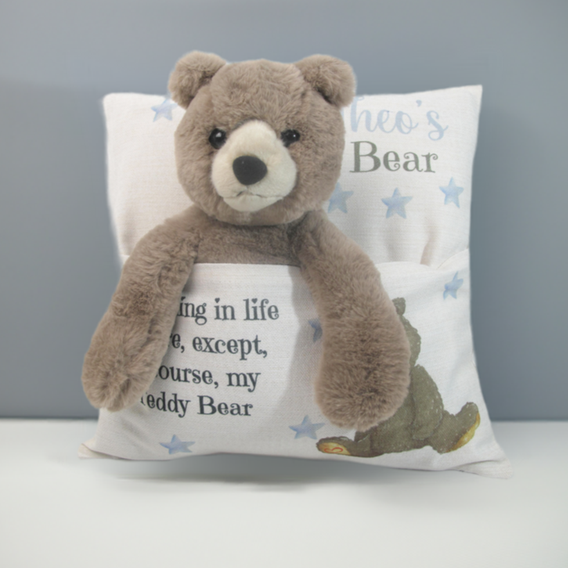 Dreams Personalised Blue Star Cushion with Teddy Bear