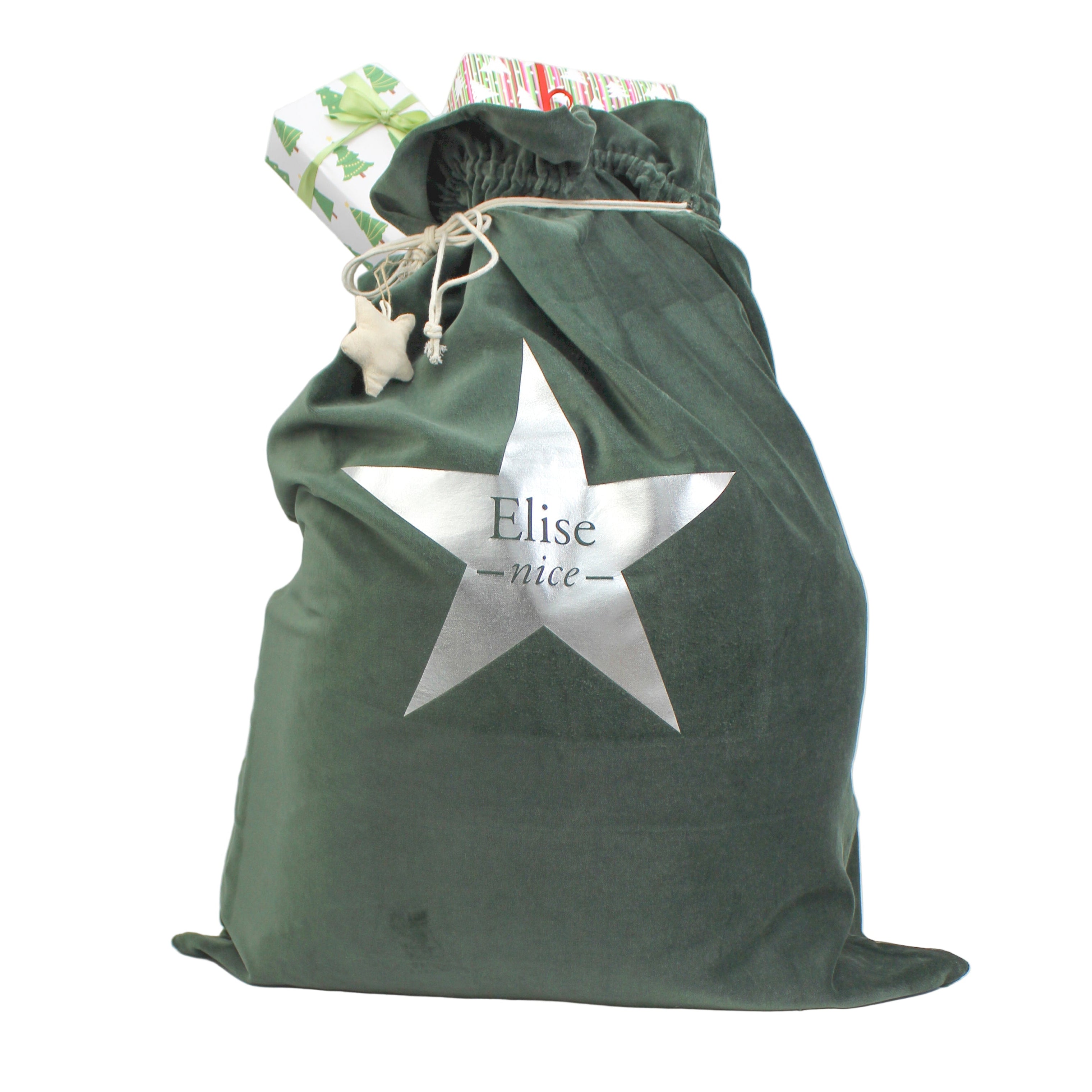 Green drawstring chrsitmas sack with a star-shaped label on a white background