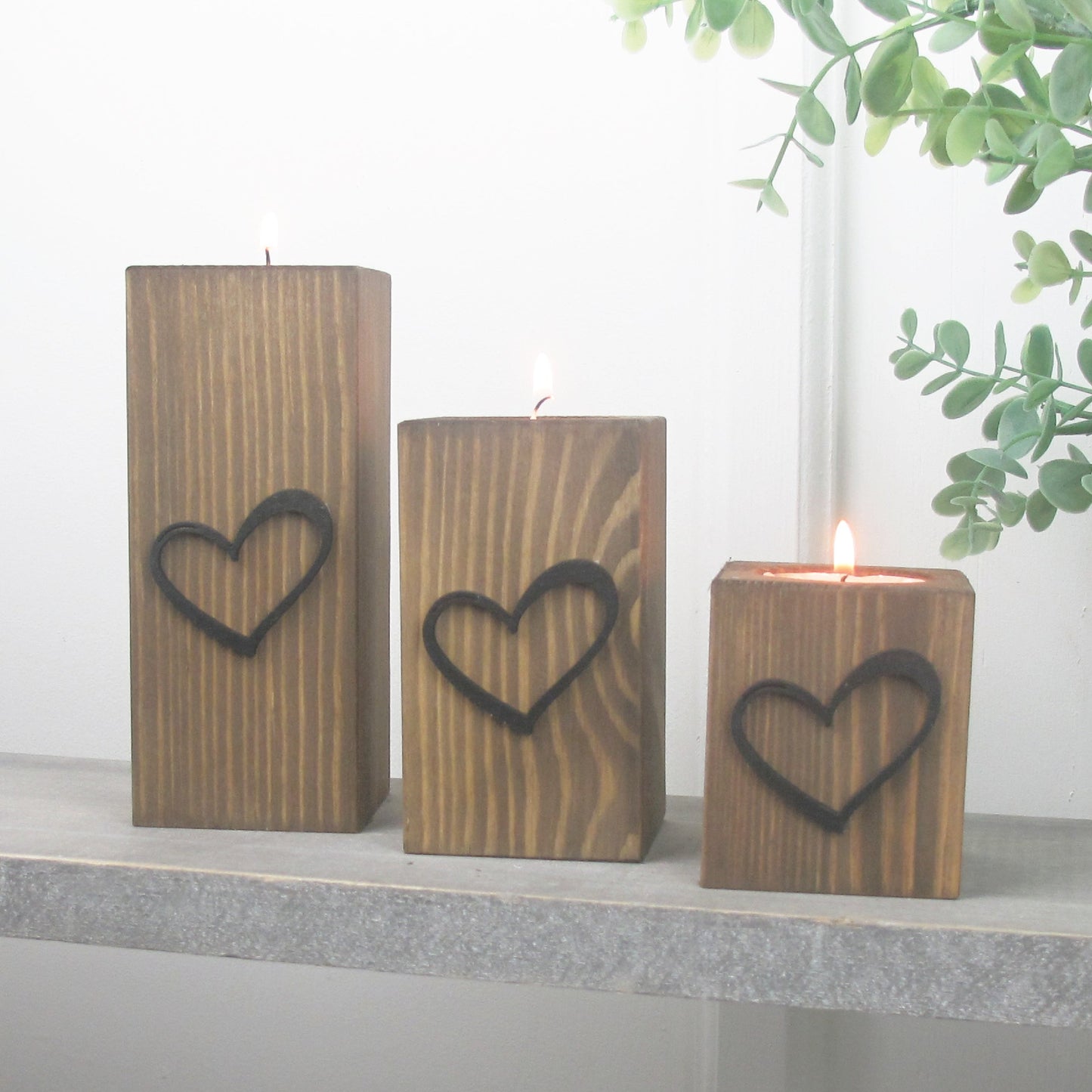 Wooden Tea Light Holders - Raised  Black Love Heart Design