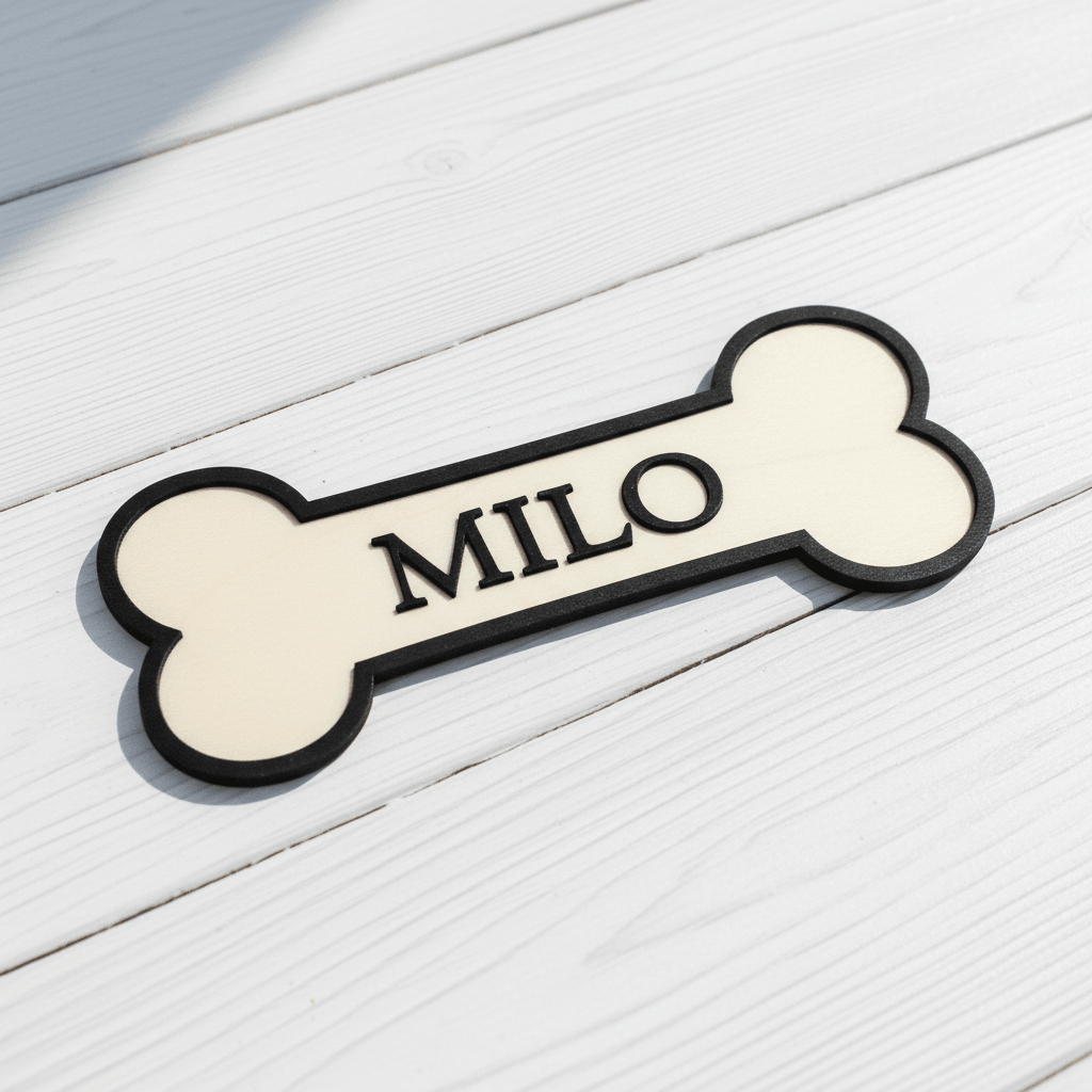 Personalised Dog Bone Sign – Natural Ply with Black Surrouns - Mac and Lilly