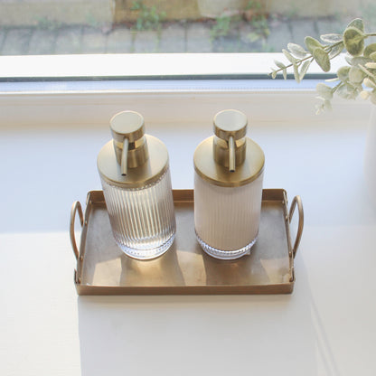 antique brass soap and hand cream dispenser, on a matching brass tray, perfect for kitchen and bathroom decor, art deco style, stunning set in brushed gold, high quality, pumps from garden trading company superior quality