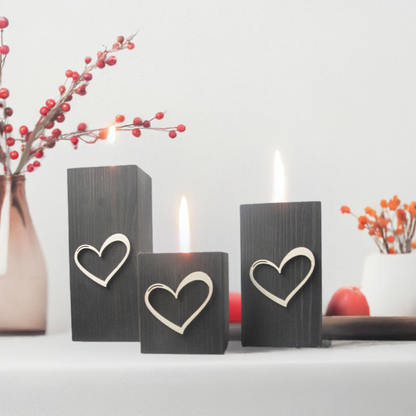 Handcrafted Wooden Tea Light Holders - Raised Love Heart Design