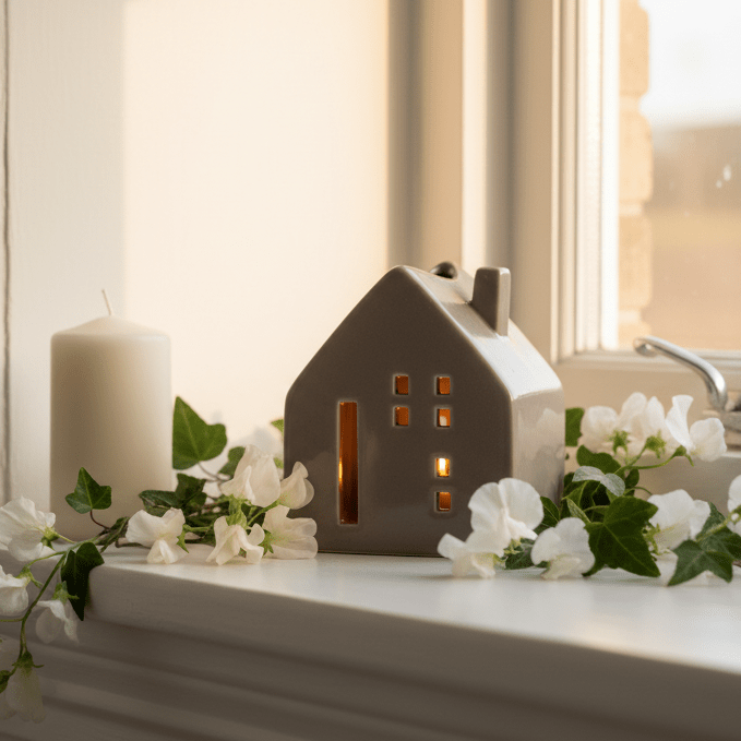 Grey house white windowsill sweet peas