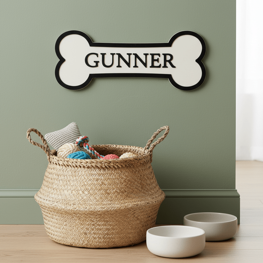 Personalised Dog Bone Sign – Natural Ply with Black Surrouns - Mac and Lilly