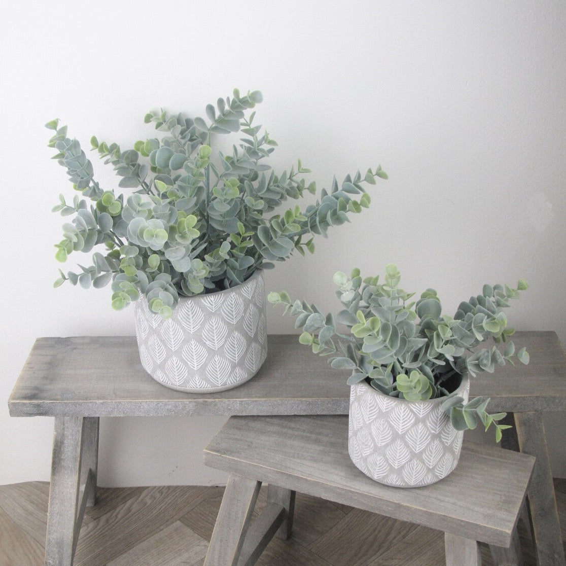 Chic Grey Leafy Stone Plant Pots -  Eucalyptus Foliage