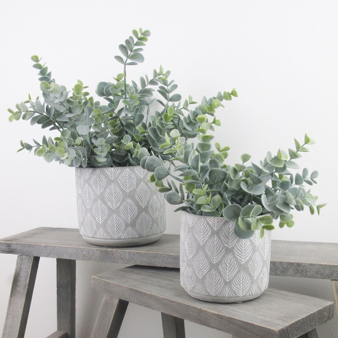 Chic Grey Leafy Stone Plant Pots -  Eucalyptus Foliage