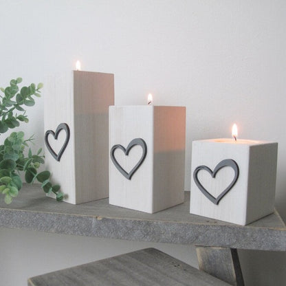 Winter White Wooden Tea Light Holders - Dove Grey Hearts Design