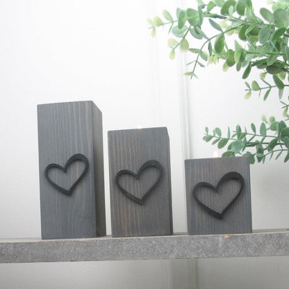 Wooden Tea Light Holders - Raised  Black Love Heart Design