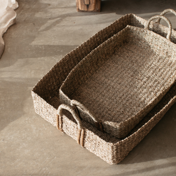 Seagrass  Rectangular  Baskets with Plaited Handles