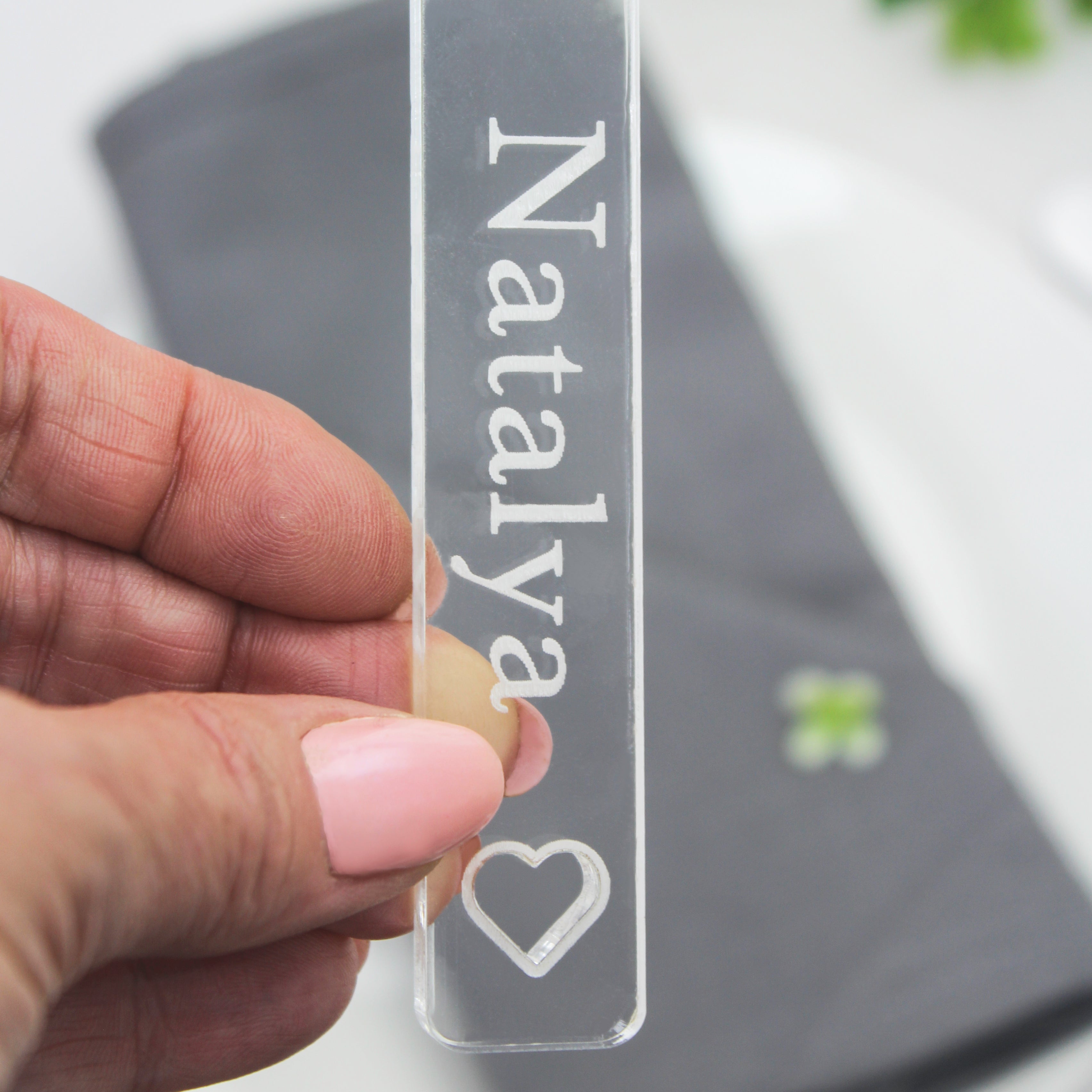 Engraved Clear Acrylic Name Tags – Slender Rectangle – 10cm x 1.5cm