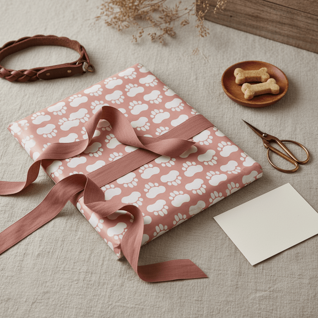 Pink dog paw wrapping paper with coordinating ribbon and dog treats