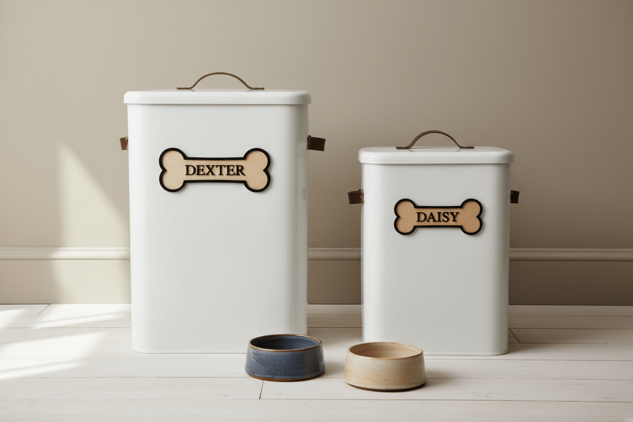Personalised Pet Food Storage Bin with Scoop - Mac and Lilly