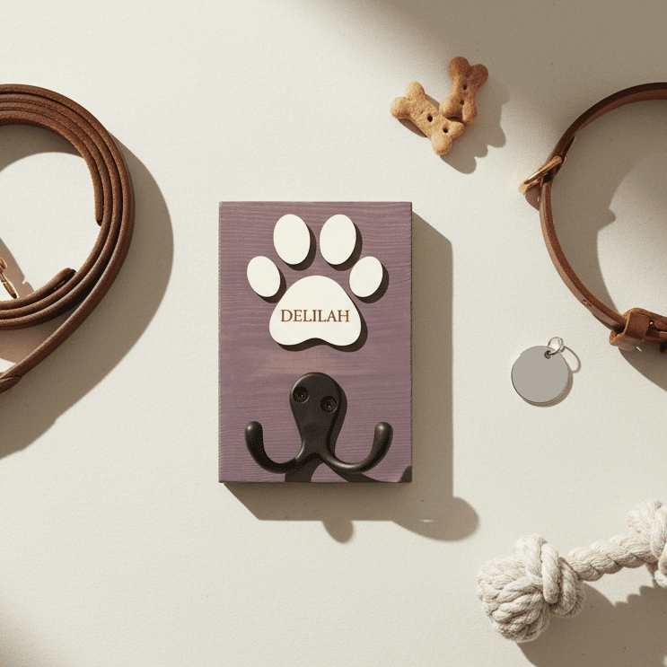 Personalised Single Dog Lead Hook Sign with Engraved Paw - Mac and Lilly
