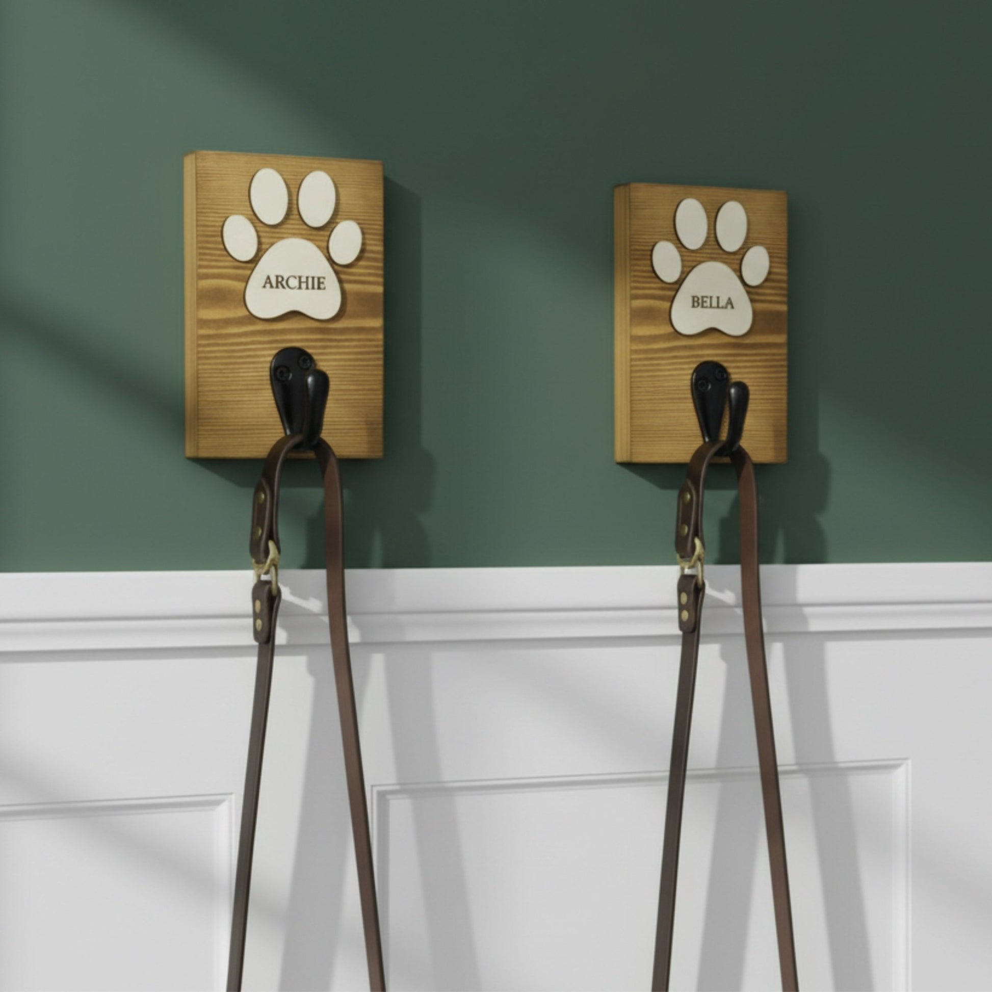 Personalised Wall Mounted Dog Lead Hook | Raised Paw Design - Mac and Lilly