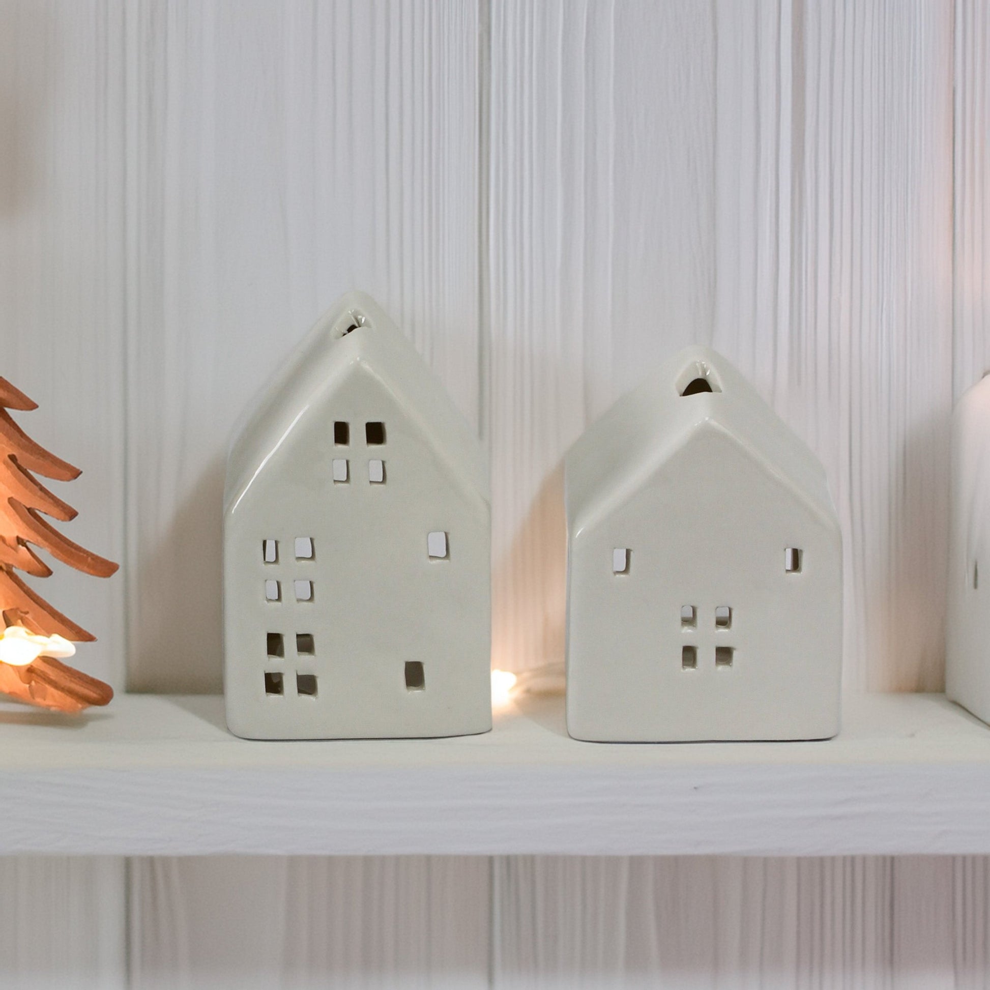 White Ceramic Tea Light Houses – Two Sizes - Mac and Lilly