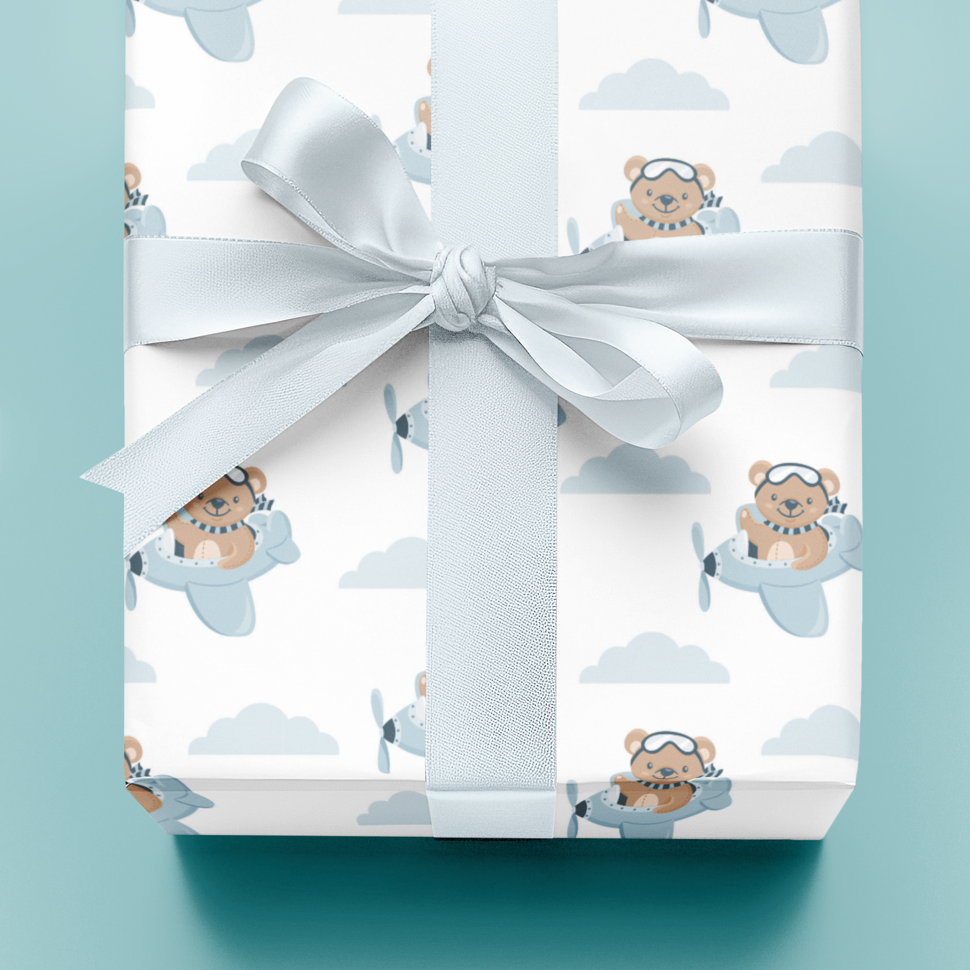 Gift wrapping  paper with teddy bear design on a light blue background, luxuriously thick
