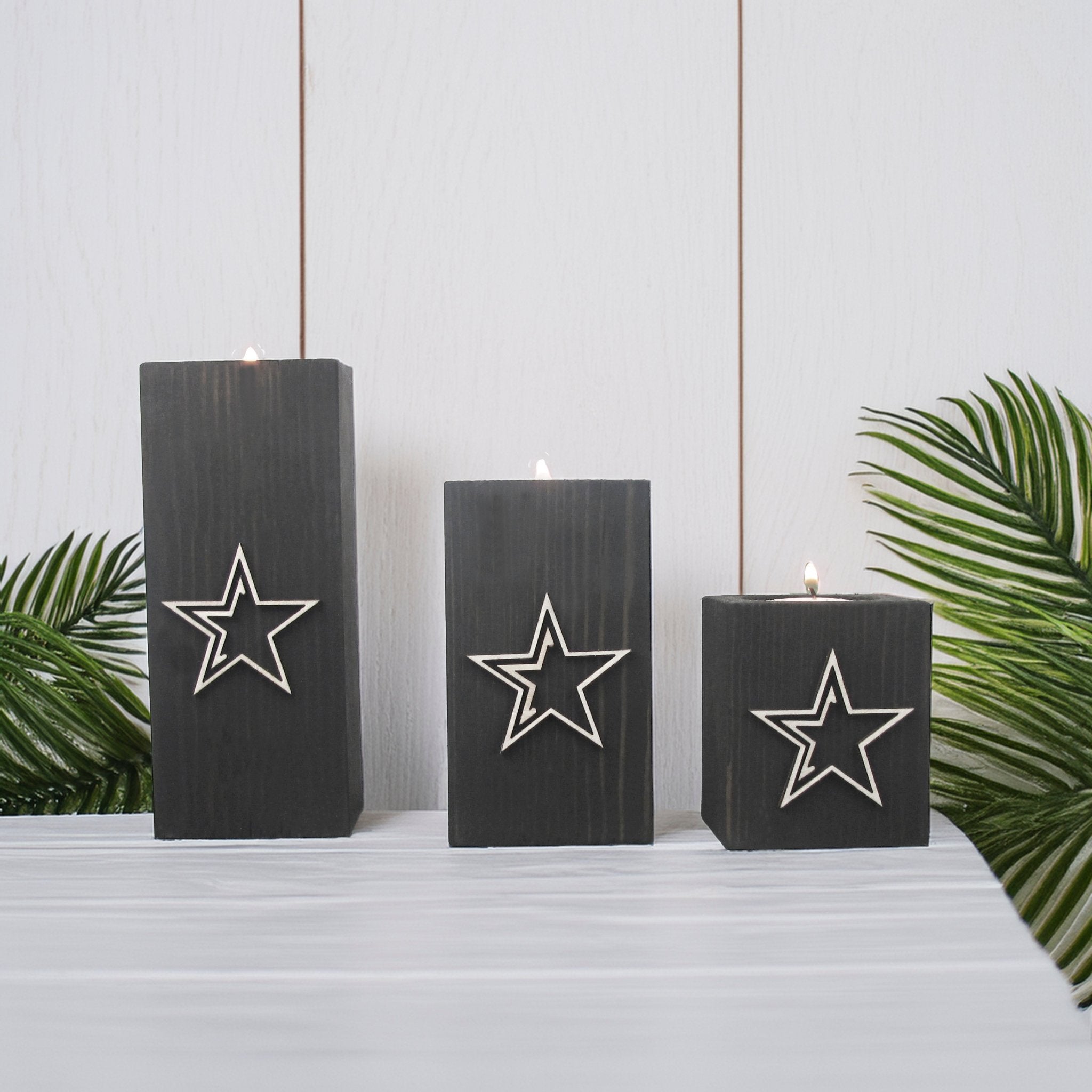 Handcrafted Wooden Tea light Holders with Raised Star Design, Set of Three - Mac and Lilly
