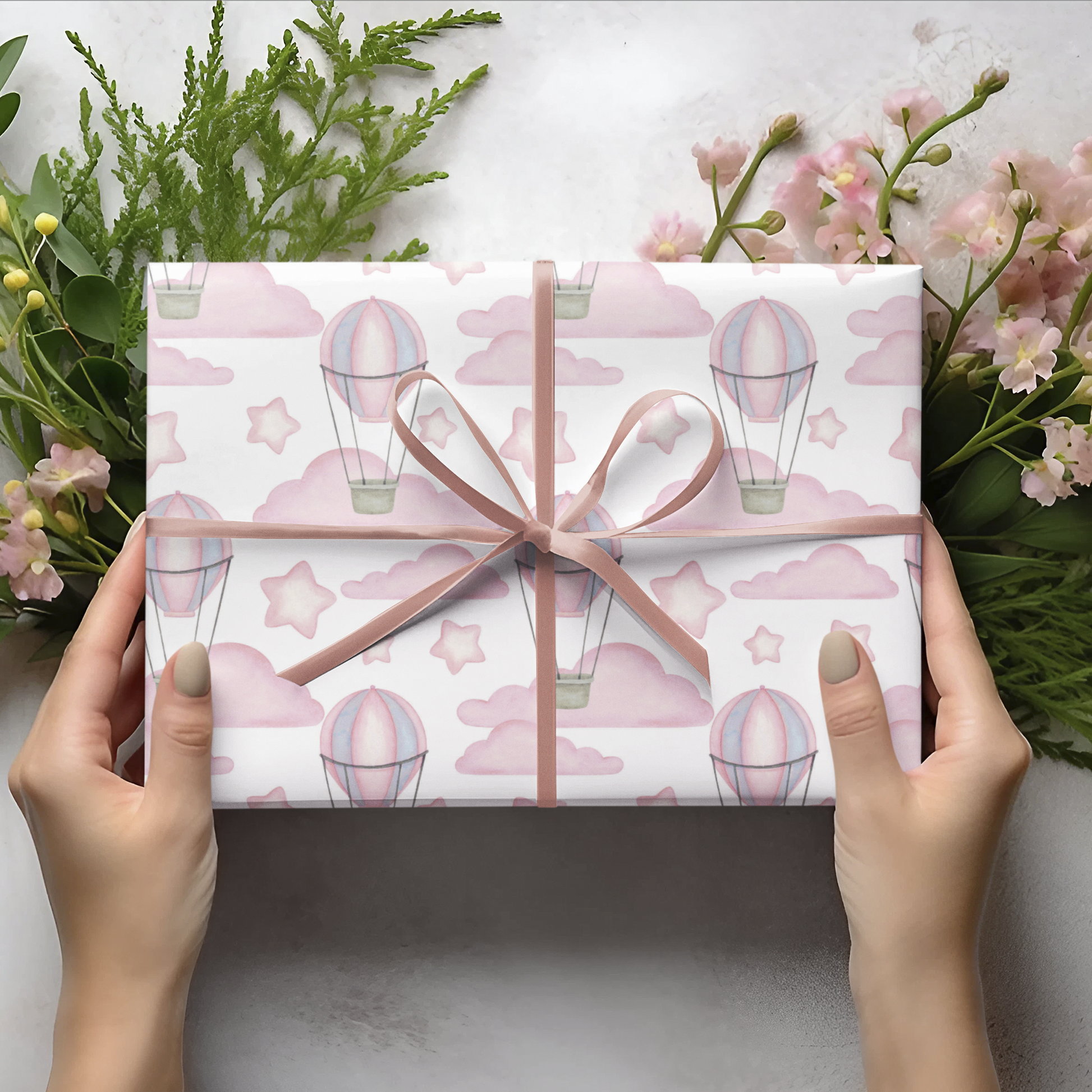baby girl gift wrap paper hot air balloons