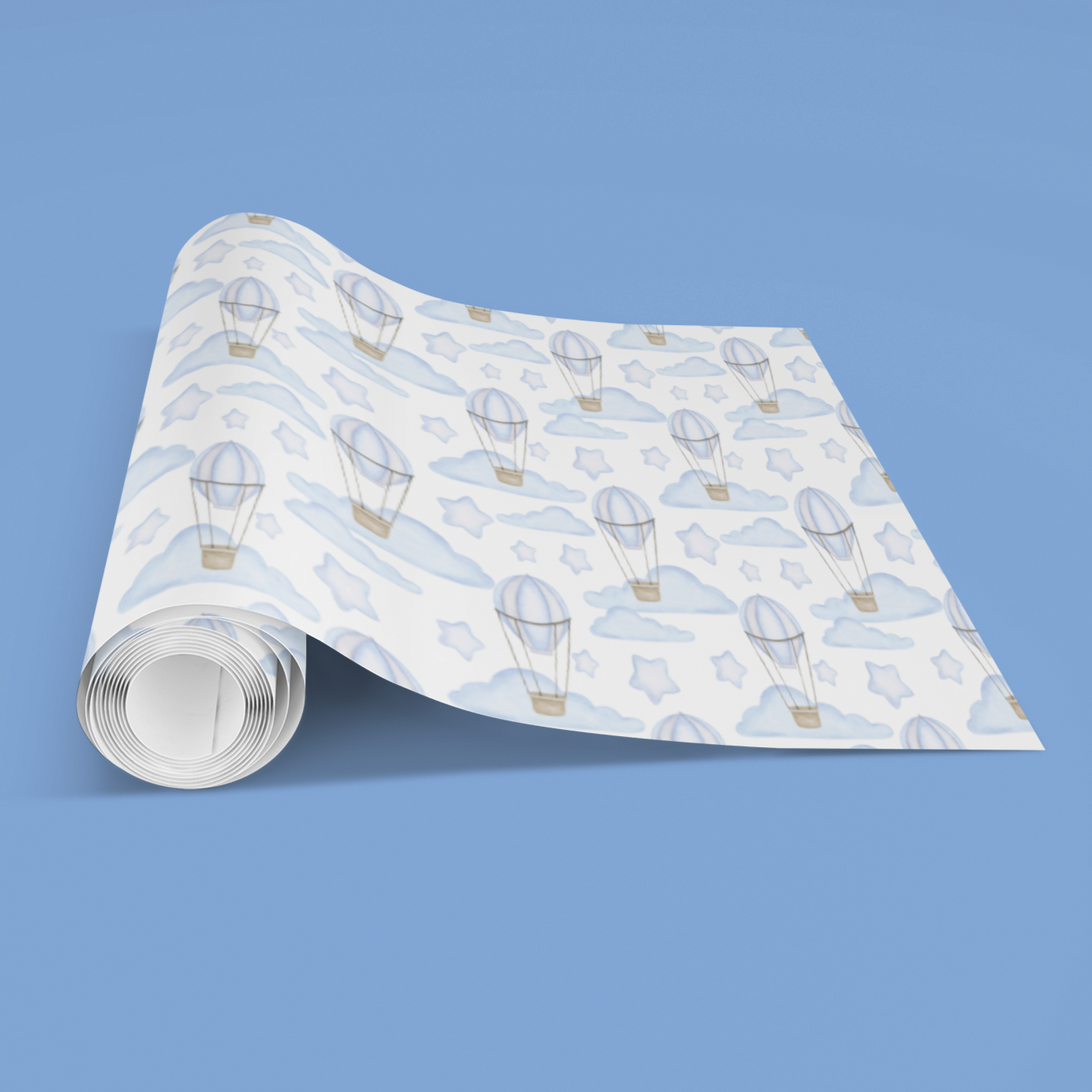 Roll of paper with hot air balloon pattern on a blue background
