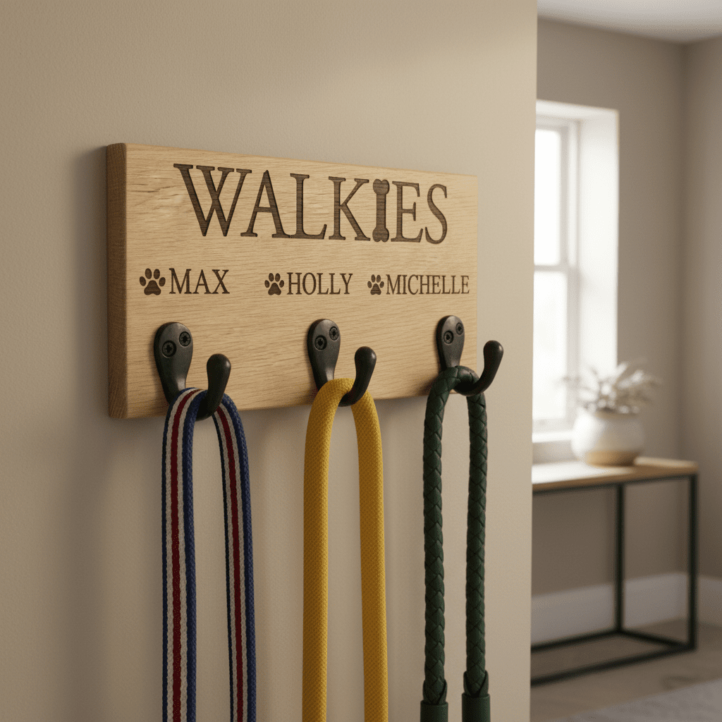 Personalised Oak or Walnut Dog Lead Holder - Mac and Lilly