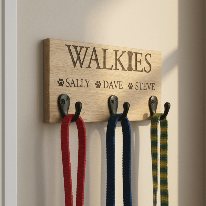 Personalised Oak or Walnut Dog Lead Holder - Mac and Lilly