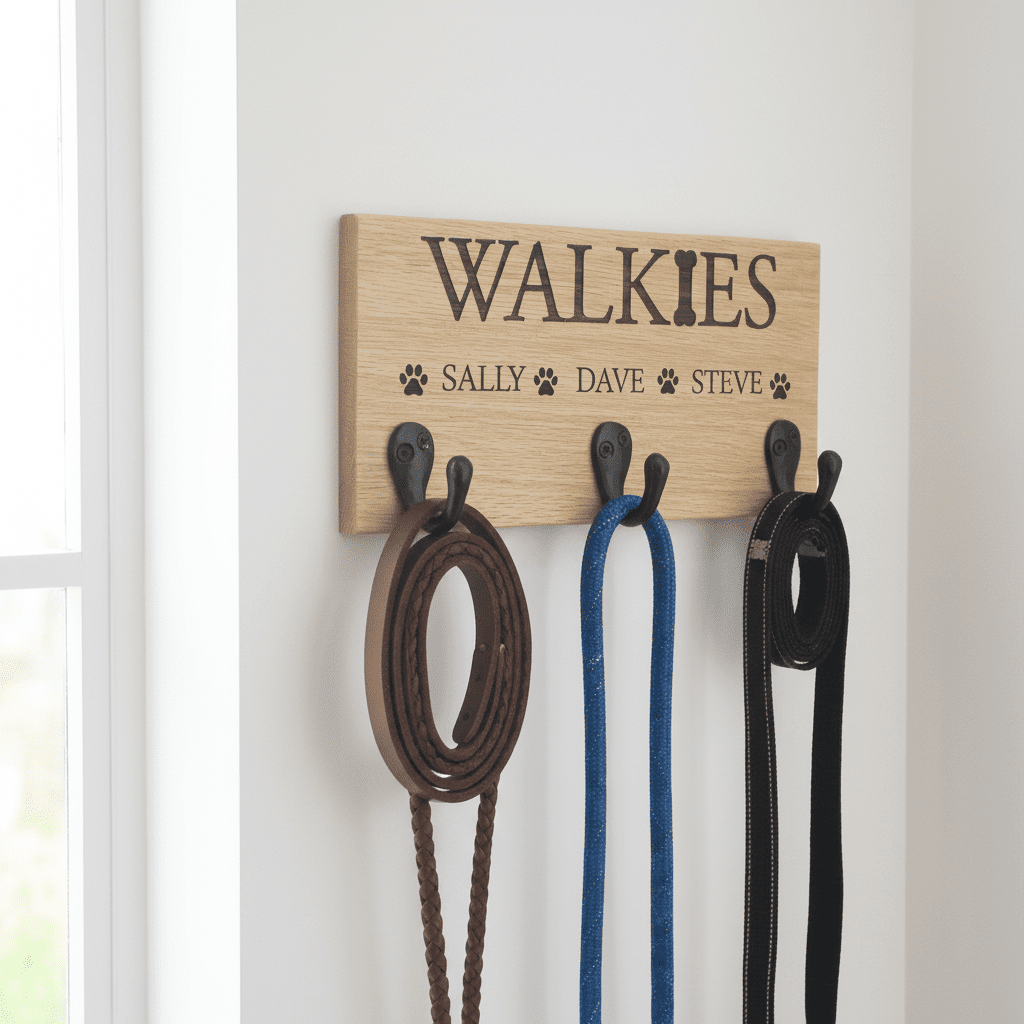 Personalised Oak or Walnut Dog Lead Holder - Mac and Lilly