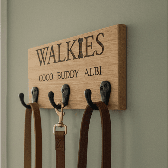 Personalised Oak or Walnut Dog Lead Holder - Mac and Lilly