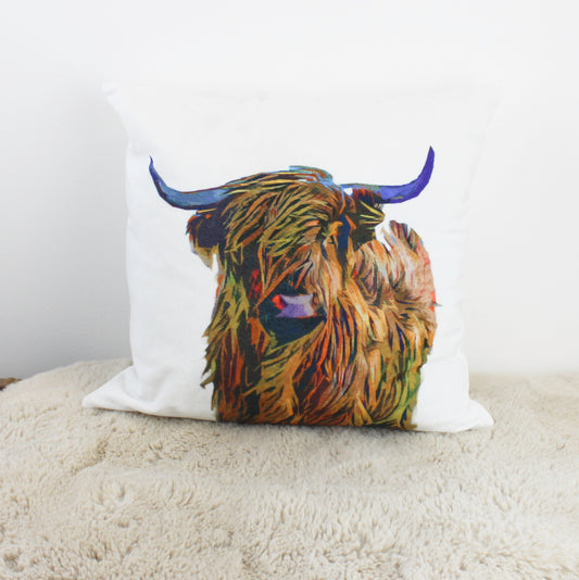 Vibrant Highland Cow White Cushion