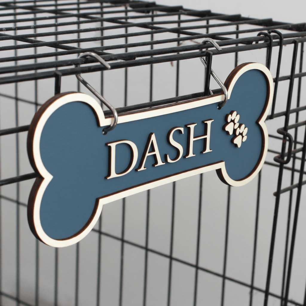 Personalised Dog Bone Crate Sign with Hooks – Handcrafted Pet Name Sign - Mac and Lilly