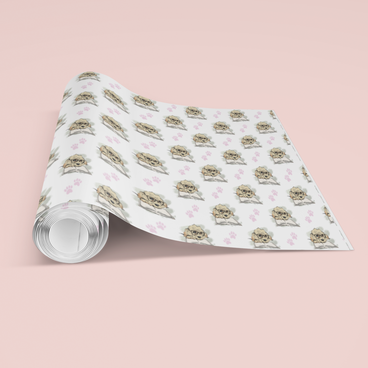 Roll of patterned gift wrap paper with cavapoo doodle illustrated image with pink paws perfect for puppy gift