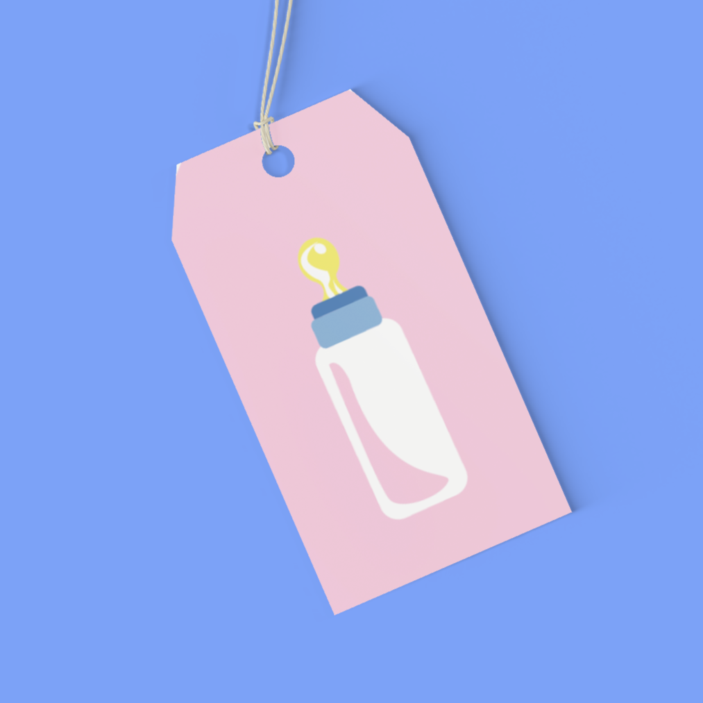 Pink tag with a baby bottle illustration on a blue background
