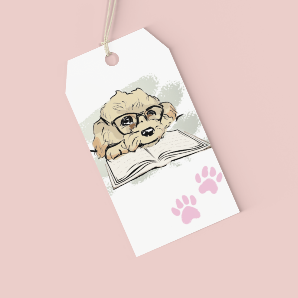 Gift tag with a dog illustration of cavapoo cockapoo and paw print on a pink background