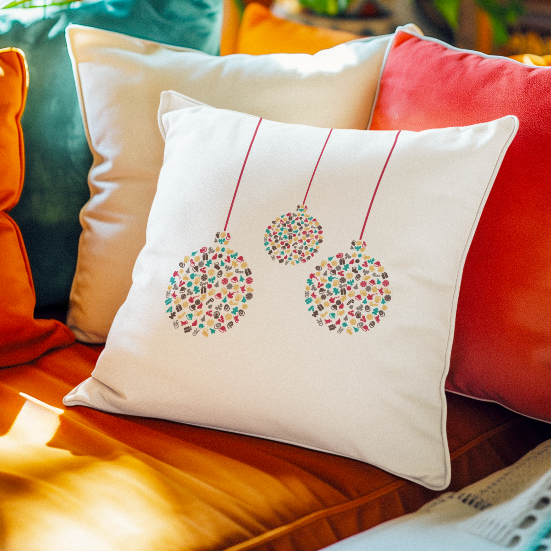 Decorative Christmas cushion  with colourful bauble designs on a couch with plants in the background